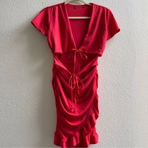 Red mini dress with tie top and gathered skirt design Size M
